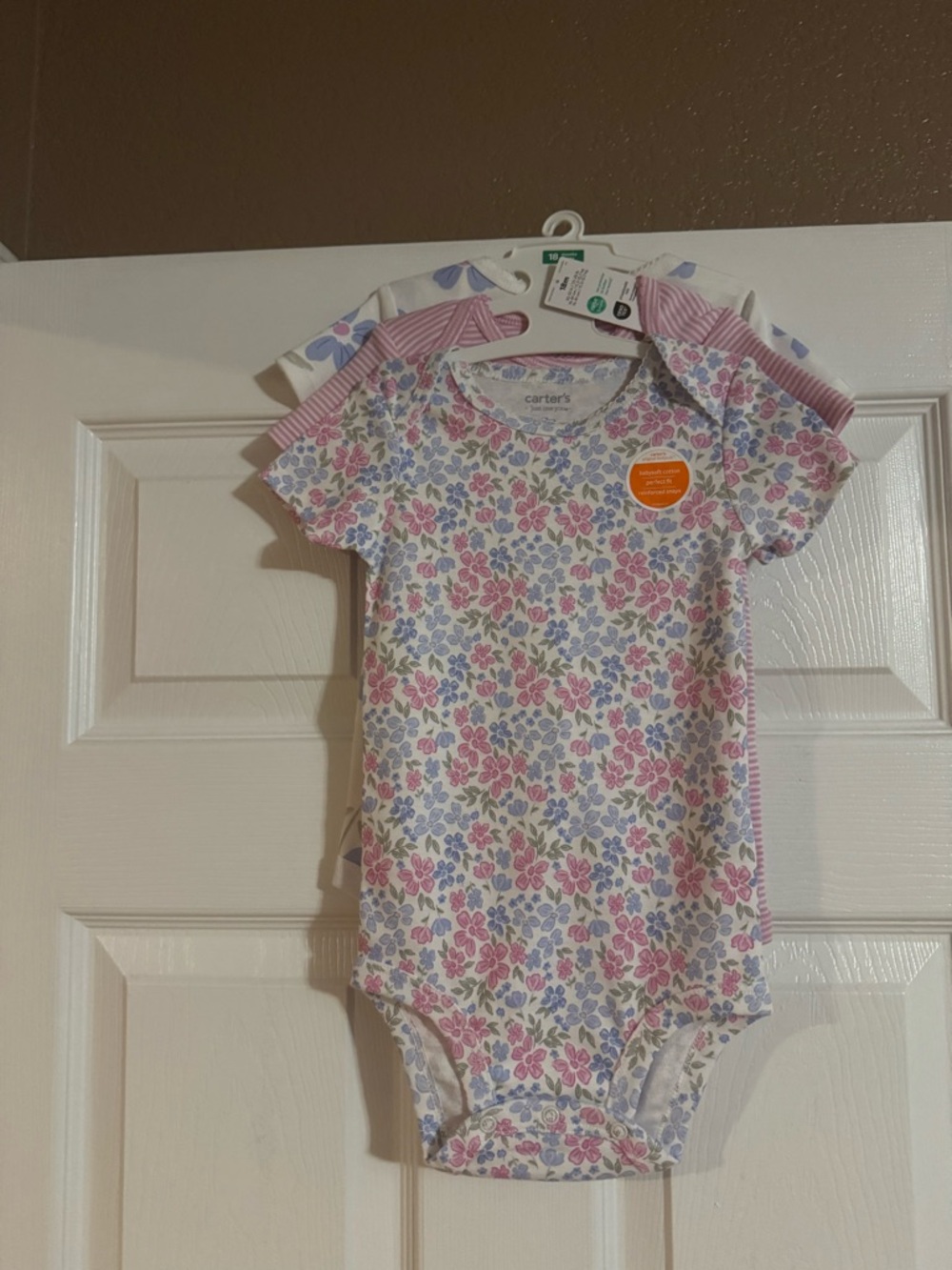 Carter's White and Pink Stripe, Pink and Blue Floral Baby One-Piece Bodysuit.